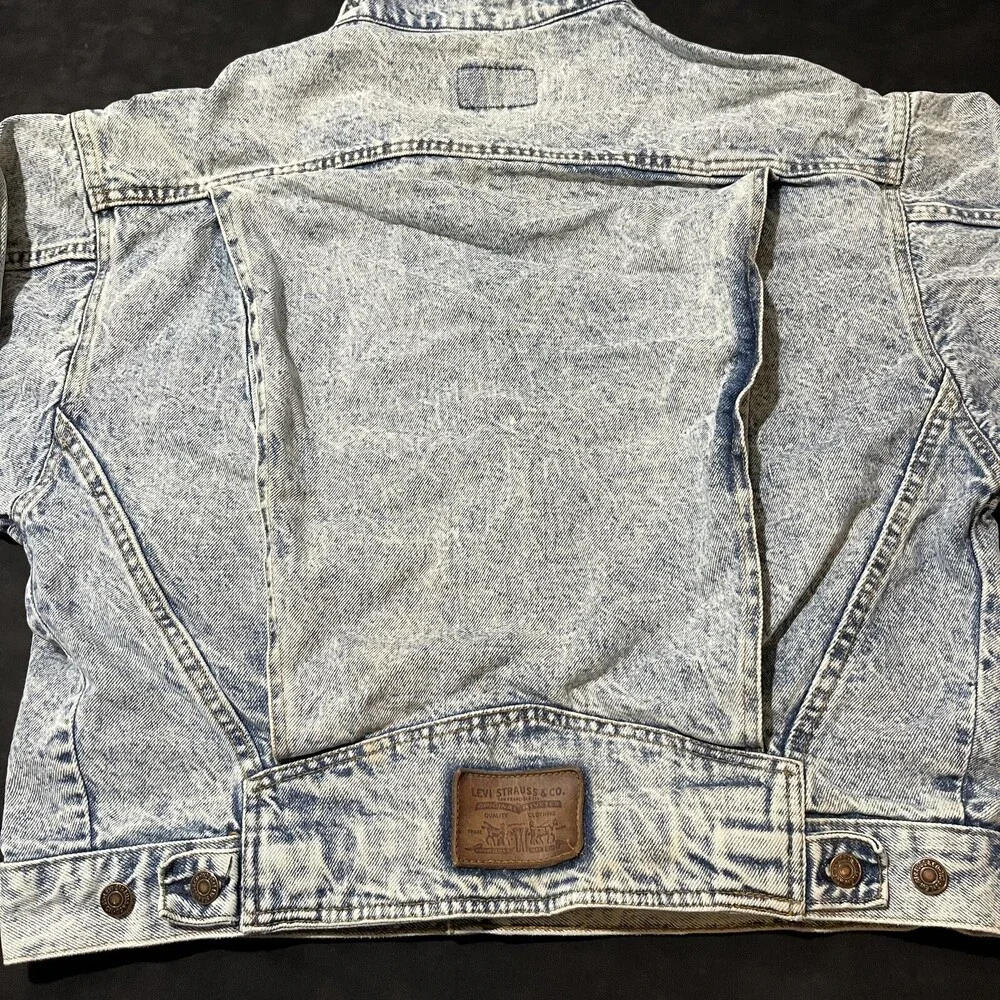 Vintage Levis Trucker Jacket 1980s Galactic Acid wash Levi Moto Leather Patch US